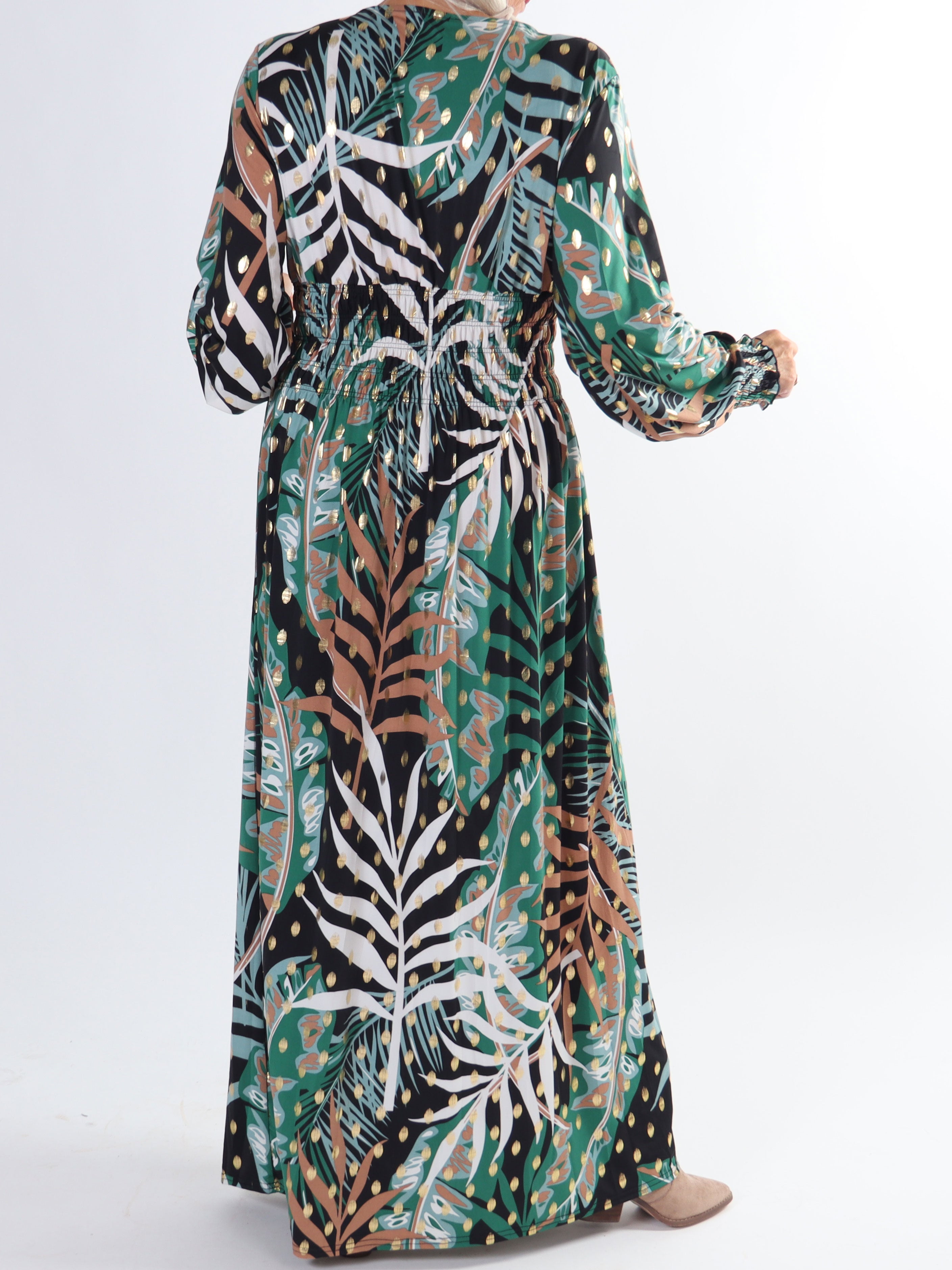 Pams Forest L/S - Plus size elastisk klänning i skrynkelfritt tyg med långa ärmar